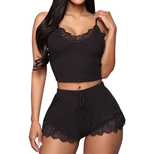 KOEMCY Schlafanzug Damen Spitzen Sexy Dessous Cami Schlafanzug Kurz Set Sexy V-Ausschnitt Sleepwear Crop Top Shorts Sets Ärmellose Camisole Loungewear (Schwarz,L) von KOEMCY