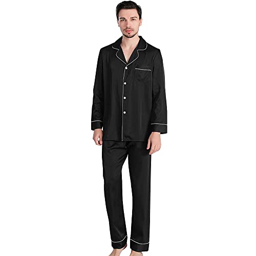 KOEMCY Schlafanzug Herren Satin Lang Pyjama Set Knopfleiste Loungewear Langen Ärmel Schlafshirt und Pyjamahose Langarm Oberteil Zweiteiliger Nachtwäsche (Schwarz,XXL) von KOEMCY