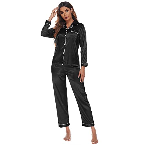 KOEMCY Schlafanzug für Damen Satin Pyjama Langarm Set mit Knopfleiste Zweiteiliger Lang Nachtwäsche Lang Hosen Silk Pyjama Hausanzug Sleepwear (Schwarz,L) von KOEMCY