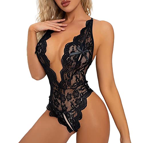 KOEMCY Sexy Body Dessous Damen Babydoll Body Damen Sexy Spitze Unterwäsche Teddy Bodysuit Tiefer V-Ausschnitt Reizwäsche One Piece Erotische Lingerie Negligee (Schwarz, L) von KOEMCY