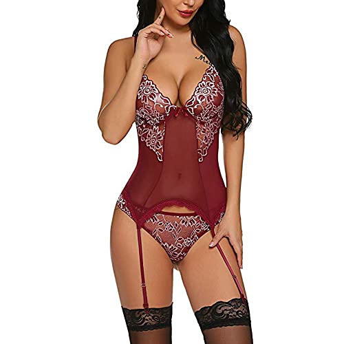 KOEMCY Sexy Dessous Body Damen Sexy Spitze Teddy Reizwäsche Tiefer V-Ausschnitt Unterwäsche Nachtwäsche Erotisch Dessous-Set Babydoll mit Strumpfhaltergürtel-Dessous (Rot, L) von KOEMCY