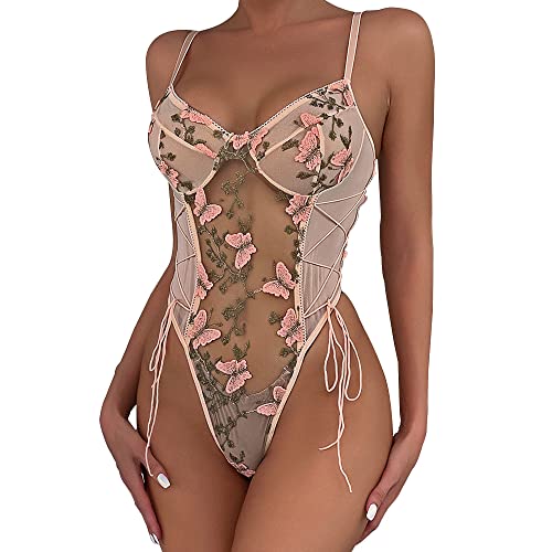 KOEMCY Sexy Dessous Damen Body Sexy Spitze Bodysuit Tiefer V-Ausschnitt Unterwäsche Negligee Teddy Babydoll Blumenstickerei One Piece Erotische Lingerie (Rosa,L) von KOEMCY