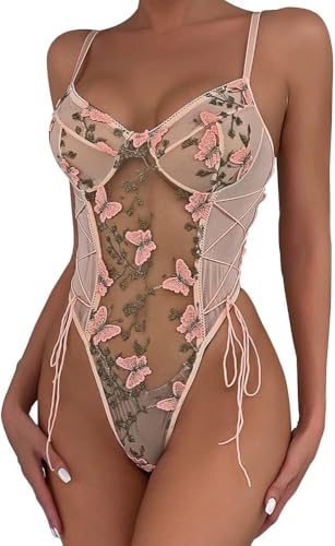 KOEMCY Sexy Dessous Damen Body Sexy Spitze Bodysuit Tiefer V-Ausschnitt Unterwäsche Negligee Teddy Babydoll Blumenstickerei One Piece Erotische Lingerie (Rosa,M) von KOEMCY