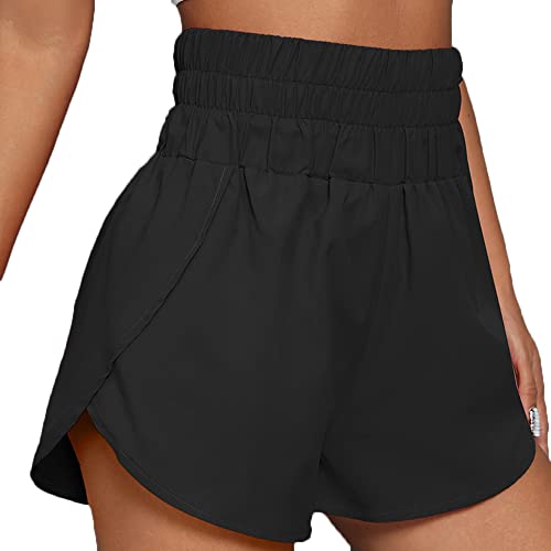 KOEMCY Shorts Damen Laufshorts Sporthosen Sommer Kurz Hose Hoch Taillierte Schnell Trocknende Sportshorts für Gym, Fitness, Laufen, Yoga, Workout, Sport (Schwarz, L) von KOEMCY