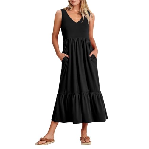 KOEMCY Sommerkleid Damen Ärmellos V-Ausschnitt Maxikleid Sommer Dress A-Linie Lang Kleid Strandkleid Tank Kleid mit Taschen (Schwarz, L) von KOEMCY