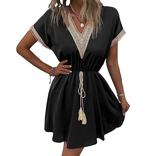 KOEMCY Sommerkleid Damen V-Ausschnitt Kurzarm Strandkleid Spitzenkleid Midikleid Casual A-Linie Kleid (Schwarz, L) von KOEMCY