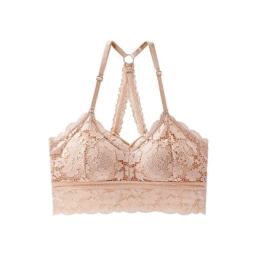 KOEMCY Spitze BH für Damen Push up Ohne Bügel BH Sexy Lifting BH Nahtlose Bralette Bandeau BH Bustier Crop Top Sexy Unterwäsche (Beige,L) von KOEMCY