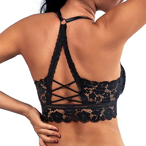 KOEMCY Spitze BH für Damen Push up Ohne Bügel BH Sexy Lifting BH Nahtlose Bralette Bandeau BH Bustier Crop Top Sexy Unterwäsche (Schwarz,L) von KOEMCY