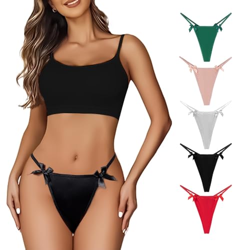 KOEMCY 5 Stück Unterhosen Damen Schleife String Tanga Slips Mehrpack Nahtlos Hipster Pantys Atmungsaktiv Bequem Alltag Unterwäsche von KOEMCY