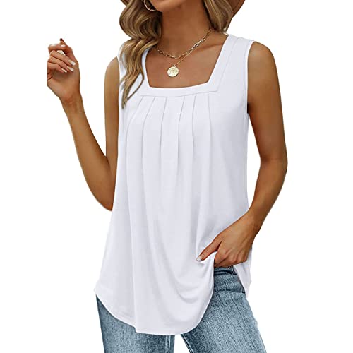 KOEMCY Tank Top Damen Blusen Ärmellose Square Neck Oberteile Loose Fit Plissee Basic Camisole Tops Sommer T-Shirts Weste (Weiß, L) von KOEMCY