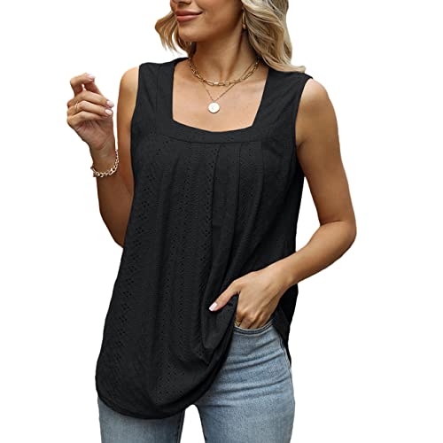 KOEMCY Tank Top Damen Oberteile Ärmellose Square Neck Blusen Loose Hollow Out Weste Shirt Sommer (Schwarz, L) von KOEMCY