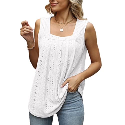 KOEMCY Tank Top Damen Oberteile Ärmellose Square Neck Blusen Loose Hollow Out Weste Shirt Sommer (Weiß, L) von KOEMCY