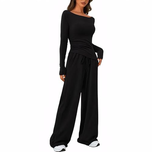 KOEMCY Zweiteiler Damen 2 Stück Lounge Jogginganzug Langärmeliges Oberteile und Weites Bein Hose mit Taschen Casual Outfit Fitness Sportkleidung Set (Schwarz/L) von KOEMCY