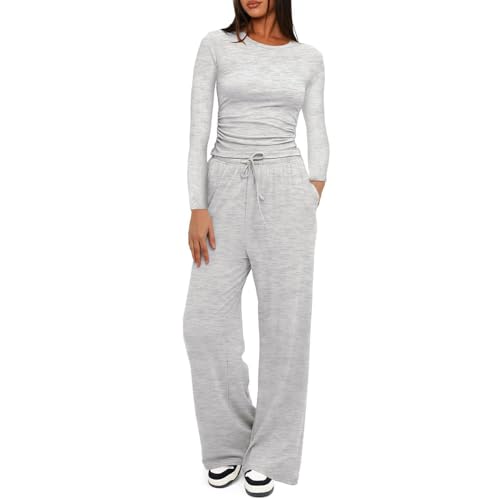 KOEMCY Zweiteiler Damen 2 Stück Tracksuit Langarm Rundhalsausschnitt Jogginganzug Sweatshirt und Weites Bein Hose mit Taschen Elegant Freizeitanzug Sportanzug (Hellgrau/L) von KOEMCY