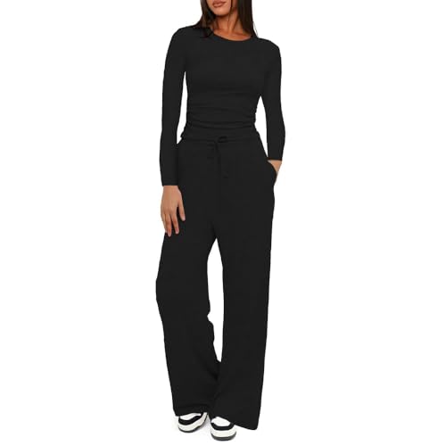 KOEMCY Zweiteiler Damen 2 Stück Tracksuit Langarm Rundhalsausschnitt Jogginganzug Sweatshirt und Weites Bein Hose mit Taschen Elegant Freizeitanzug Sportanzug (Schwarz/S) von KOEMCY