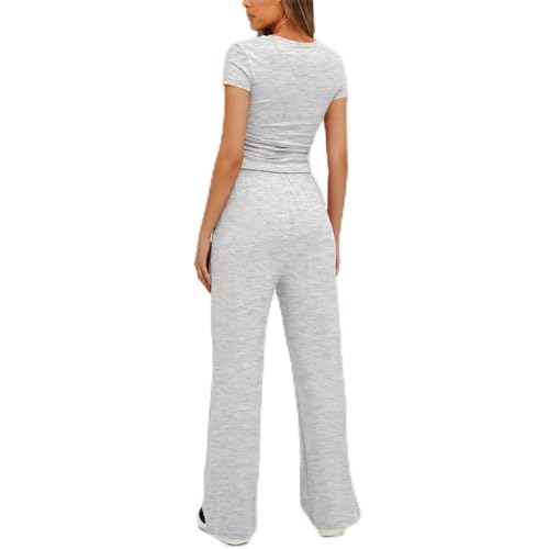 KOEMCY Zweiteiler Damen Sommer Elegant Hausanzug Slim Fit Kurzarm Oberteile und Gerade Tunnelzug Freizeithose mit Taschen Casual Outfit Sportanzug Trainingsanzug Set (Hellgrau,S) von KOEMCY