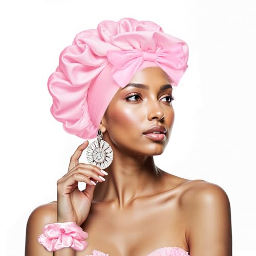 Satin Haarhaube, Satin Bonnet mit 1 Stück Haargummis, Satinhaube Zum Schlafen Bonnet Seidenhaube Männer und Frauen lockiges Haar Nachtleben lose verstellbare Nachtmütze, Rosa Satin Haarhaube, Satin Bonnet mit 1 Stück Haargummis, Satinhaube Zum Schlafen Bonnet Seidenhaube Männer und Frauen lockiges Haar Nachtleben lose verstellbare Nachtmütze, Rosa von KOENXTAS