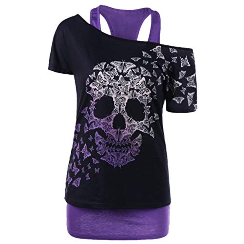 Bluse Damen Elegant Tshirt Halloween Große Größen Modisches Racer Top Schrägen Schultern Totenkopf Print Cooles T-Shirt Sommer Shirts Oberteile Frauen Kleidung Frau Crop Tops Klamotten Lila S von KOG