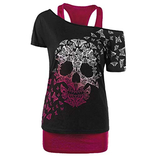 Bluse Damen Elegant Tshirt Halloween Große Größen Modisches Racer Top Schrägen Schultern Totenkopf Print Cooles T-Shirt Sommer Shirts Oberteile Frauen Kleidung Frau Crop Tops Klamotten Rot S von KOG