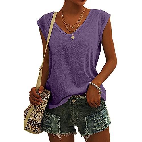 KOG Bluse Damen Elegant Ärmellose T-Shirt Shirt Casual Weiß Oberteile mit Flügelärmeln Frauen Schwarz Kleidung Frau Grau Sommer Shirts Top Damen V-Ausschnitte Tshirt Klamotten Lila S von KOG