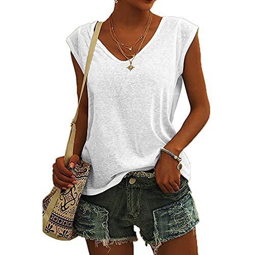 KOG Bluse Damen Elegant Ärmellose T-Shirt Shirt Casual Weiß Oberteile mit Flügelärmeln Frauen Schwarz Kleidung Frau Grau Sommer Shirts Top Damen V-Ausschnitte Tshirt Klamotten Weiß XL von KOG