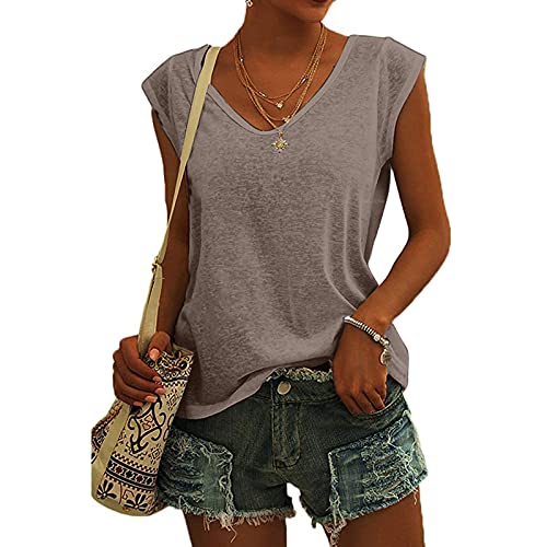 KOG Bluse Damen Elegant Ärmellose T-Shirt Shirt Casual Weiß Oberteile mit Flügelärmeln Frauen Schwarz Kleidung Frau Grau Sommer Shirts Top Damen V-Ausschnitte Tshirt Klamotten Braun S von KOG