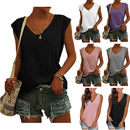 KOG Bluse Damen Elegant Ärmellose T-Shirt Shirt Casual Weiß Oberteile mit Flügelärmeln Frauen Schwarz Kleidung Frau Grau Sommer Shirts Top Damen V-Ausschnitte Tshirt Klamotten Schwarz M von KOG