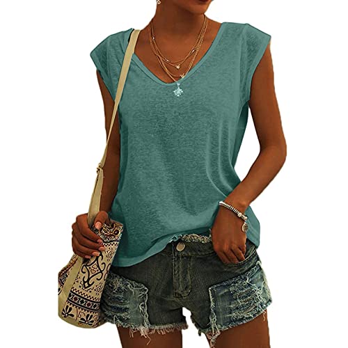 KOG Bluse Damen Elegant Ärmellose T-Shirt Shirt Casual Weiß Oberteile mit Flügelärmeln Frauen Schwarz Kleidung Frau Grau Sommer Shirts Top Damen V-Ausschnitte Tshirt Klamotten Grün M von KOG