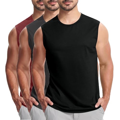 KOG 3er Pack Unterhemd Herren Tank Top Sport Tanktop Sommer Muskelshirt Ärmelloses Bekleidung Einfarbige Basic Baumwolle T-Shirts Top Casual Tshirt Schwarz Dunkelgrau Rot L von KOG