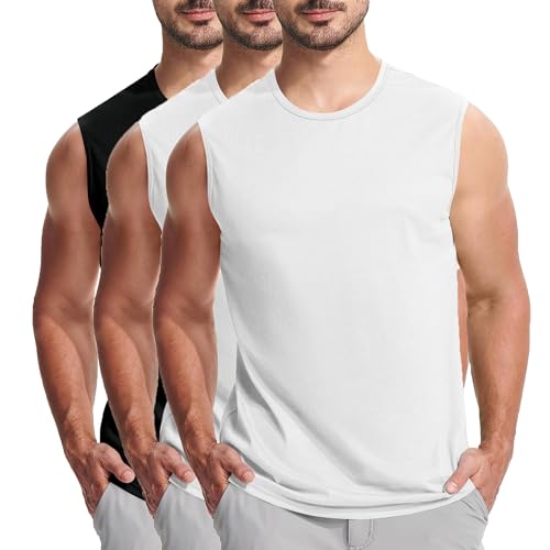 KOG 3er Pack Unterhemd Herren Tank Top Sport Tanktop Sommer Muskelshirts Ärmelloses Oberteil Einfarbige Oberteile Training Baumwolle Tshirt Junge Tshirts Lose Weiß Schwarz XL von KOG