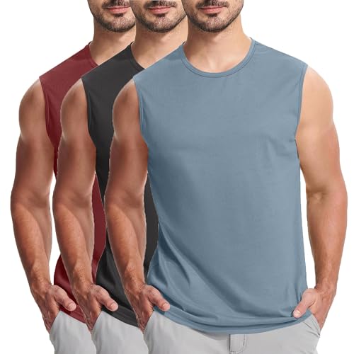 KOG 3er Pack Unterhemd Herren Tank Top Sport Tanktop Sommer Muskelshirts Ärmelloses Oberteile Einfarbig Baumwolle Oberteil Tshirt Bequemes Shirts Blau Dunkelgrau Rot 3XL von KOG