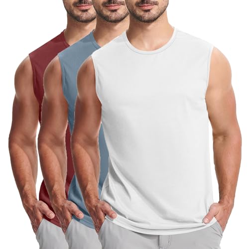 KOG 3er Pack Unterhemd Herren Tank Top Sport Tanktop Sommer Muskelshirts Ärmelloses T-Shirt Einfarbige Lose Baumwolle Shirt Kleidung Training T-Shirts Weiß Blau Rot M von KOG