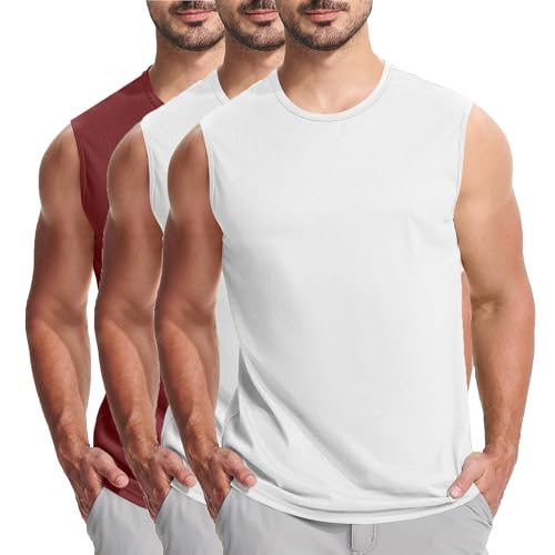 KOG 3er Pack Unterhemd Herren Tank Top Sport Tanktop Sommer Muskelshirts Ärmelloses T-Shirts Einfarbig 2025 Baumwolle Shirts Laufshirt Casual T-Shirt Weiß Rot XL von KOG