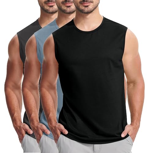 KOG 3er Pack Unterhemd Herren Tank Top Sport Tanktop Sommer Muskelshirts Ärmelloses Tshirts Einfarbige Mode Baumwolle Shirt T-Shirts Leicht Tops Schwarz Blau Dunkelgrau S von KOG