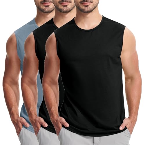 KOG 3er Pack Unterhemd Herren Tank Top Sport Tanktop Sommer Sportshirt Ärmelloses Kleidung Einfarbig Muskelshirt Lose Baumwolle Shirts T-Shirt Bodybuilding Schwarz Blau XL von KOG
