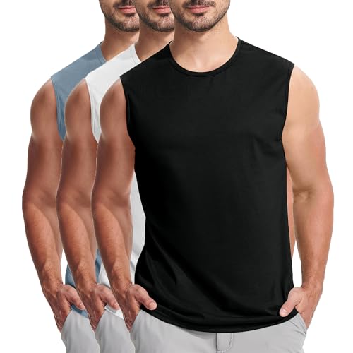 KOG 3er Pack Unterhemd Herren Tank Top Sport Tanktop Sommer Sportshirt Ärmelloses Laufshirt Einfarbige Wandershirt Lose Baumwolle Tshirt Junge Gym Tops Schwarz Weiß Blau XXL von KOG
