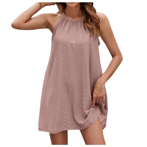 KOG Amazon Basics Damen Sommerkleid Sommerkleider Basic Sommerkleider Einfarbige Elegant Boho-Kleid Weiß Frauen Shirtkleid Hawaii Kleid Baumwolle Brautjungfernkleider Rosa L von KOG