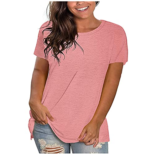 KOG Amazon Basics Damen Tshirts Basic Einfarbig Blusen & Tuniken Elegant Baumwolle T-Shirts Frauen Oberteil Casual Einfarbige Shirt Rundhals Vintage Longshirt Gutschein Amazon Rosa 5XL von KOG