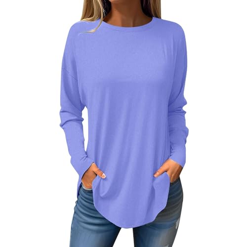 KOG Langarmshirt für Damen Langarm Bluse Einfarbige Tunika Vintage Baumwolle Shirt Frauen Oberteil Mode Einfarbig Blusen V-Ausschnitt Freizeit Longshirt Blau L von KOG