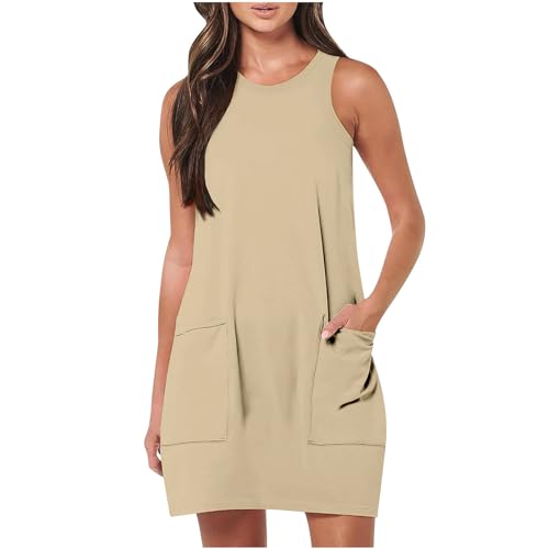 KOG Amazon Basics Sommerkleid Sommerkleider Damen Elegante Kleid Einfarbige Sommer Tshirt Kleid Weißes Umstandskleidung T-Shirt Kleid Baumwolle Hochzeitsgast Kleid Sale Damen Khaki L von KOG