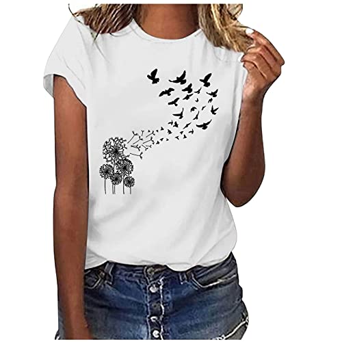 KOG Amazon Essentials Damen Baumwolle Shirt Lose Grafik Blusen Elegant Kurzarm T-Shirt Tuniken Vintage Grafik Drucken Kleidung Teenager Rundhals Basic Oberteil Damen Tshirt Sale Weiß XL von KOG