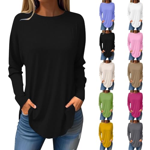KOG Langarmshirt Damen Langarm Oberteil Einfarbig Shirts Freizeit Baumwolle Hemd Frauen Lässig Einfarbige Tunika Rundhals Casual Pullover Schwarz M von KOG