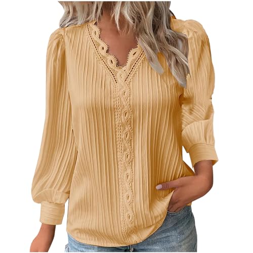 KOG Amazon Essentials Damen Langarmshirt Damen Langarm Shirts Einfarbig Bekleidung Warm Baumwolle Longshirt Frauen Tshirt Herbst Bluse Teenager Mädchen V-Ausschnitt Pullover Angebote Gelb XL von KOG