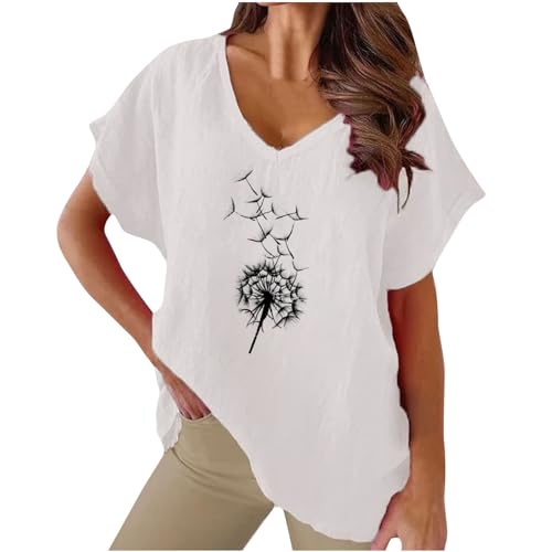 KOG Shirt Lose Leinenhemd Blusen & Tuniken Casual Kurzarm Longshirt Frau Kleidung Slim Fit Tank Frauen V-Ausschnitt Fashion Bekleidung Weiß 3XL von KOG