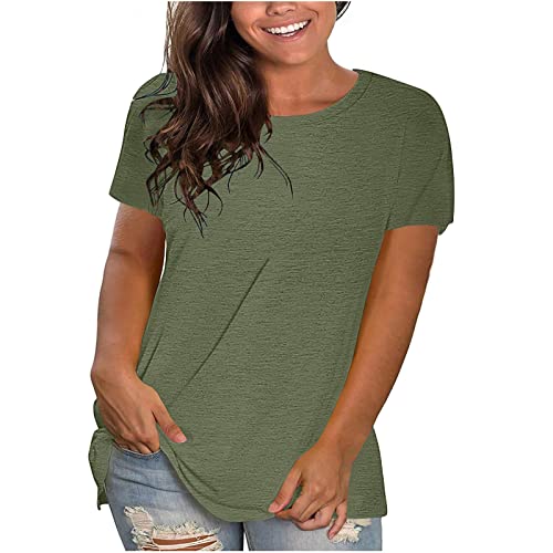 KOG Amazon Essentials Damen Shirts Elegant Einfarbig Oberteile Sommer Baumwolle Blusenshirt Frauen Tshirt Slim Fit Pullover Teenager Rundhals Casual Top Outlet Amazon Armeegrün XL von KOG