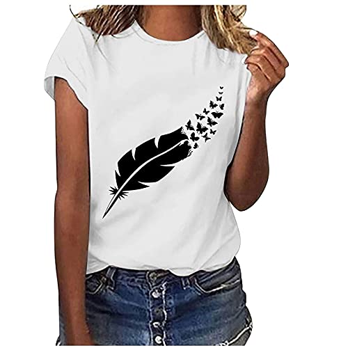 KOG Amazon Essentials Damen Tshirt Basic Baumwolle Tshirts Elegant Kurzarm Blusen Frauen Kleidung Sommer Tie-Dye Muster Blusen & Tuniken Rundhals Elegante Top Amazon Gutschein Weiß XL von KOG