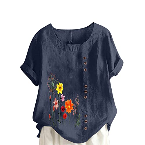 KOG Damen Shirt Lose Baumwolle Leinen Bluse Basic Kurzarm Tunika Frauen Longbluse Oversize Tie-Dye Muster T-Shirts Frau Henley Ausschnitt Elegant Oberteile Marine XL von KOG