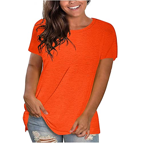 KOG Amazon Gutschein Damen T-Shirt Retro Einfarbig Blusen & Tuniken Sommer Baumwolle Oberteile Teenager Pullover Oversize Tshirt Frau Rundhals Fashion Tuniken Amazon Essentials Damen Orange 3XL von KOG