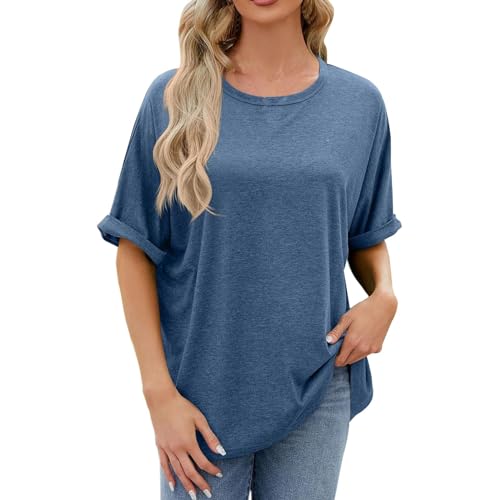 KOG Amazon Gutschein Damen T-Shirts Freizeit Einfarbige Tshirt Basic Kurzarm Blusen Frau Hemd Vintage Einfarbig Blusen & Tuniken Teenager V-Ausschnitt Sommer Shirt Gutschein Amazon Marine XL von KOG