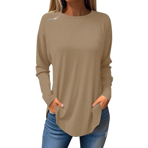 KOG Langarmshirt Damen Langarm Bekleidung Einfarbige T-Shirt Herbst Baumwolle Tshirts Frau Sweatshirt Freizeit Tuniken Frauen Rundhals Mode Shirt Khaki M von KOG